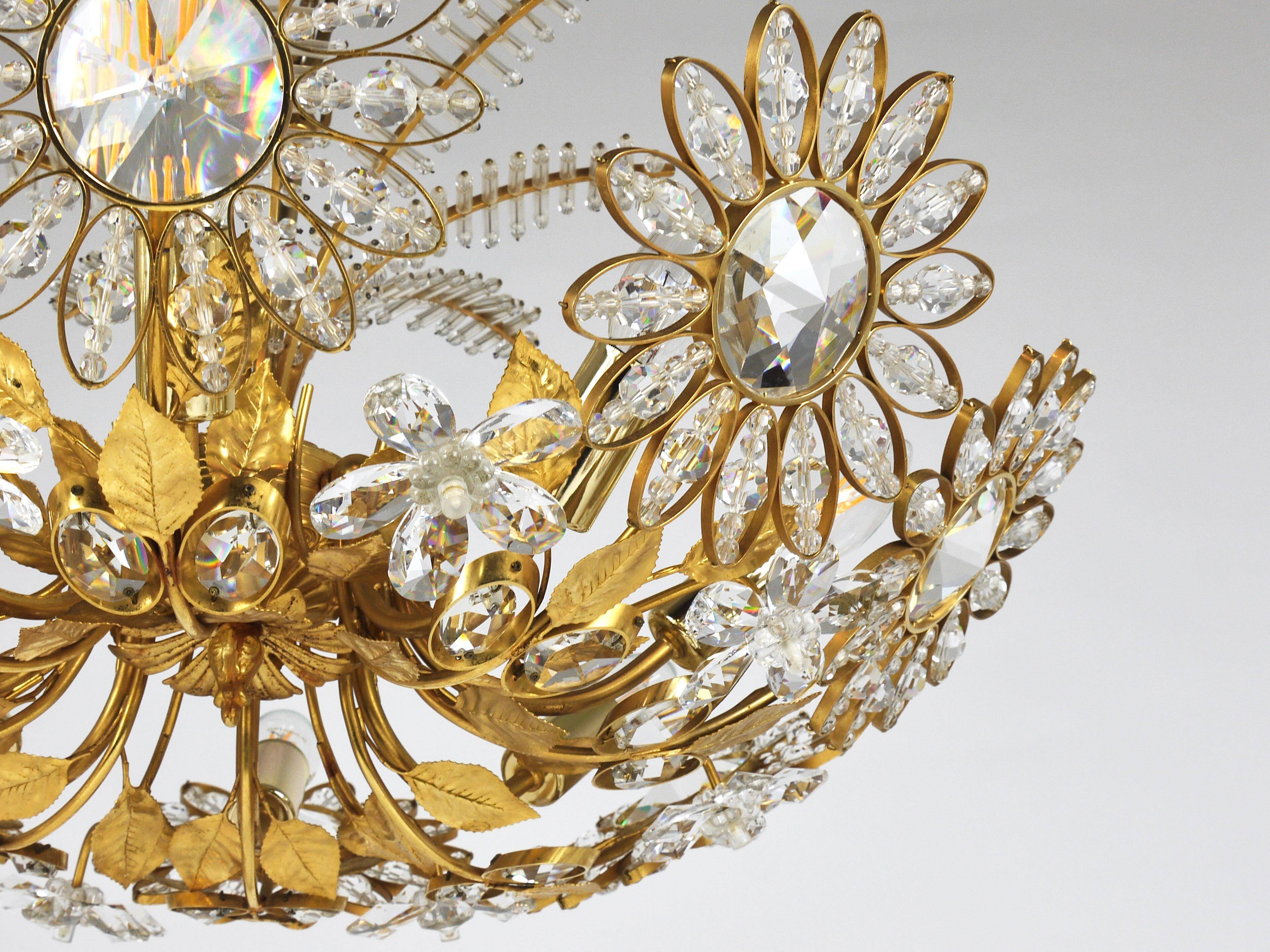 Ernst Palme Grand Chandelier Palm Tree Flower Palwa, Gilded Brass, Crystals, 1970s
