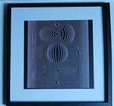 Vintage optical art tableau – black and white linear composition – frame 40x40cm