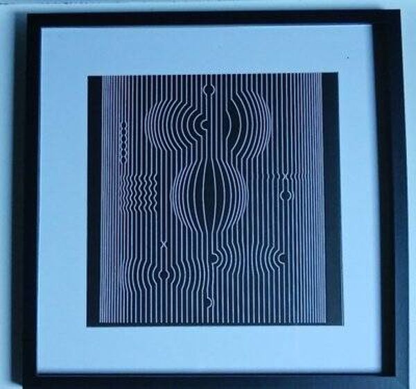 Tableau vintage art optique – composition linéaire noir et blanc – cadre 40x40cm