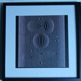 Vintage optical art tableau – black and white linear composition – frame 40x40cm