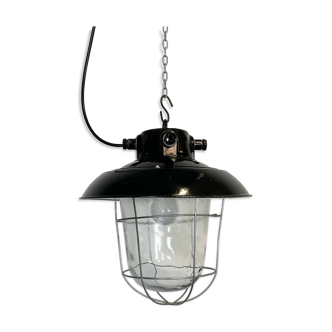 Vintage industrial black enamel factory hanging lamp, 1960s