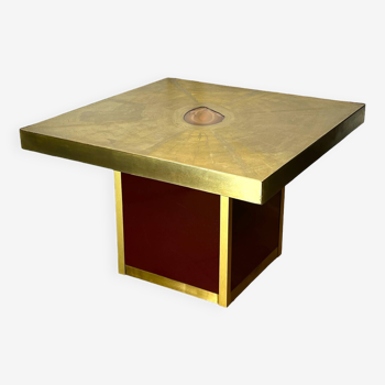 Vintage coffee table signed paco rabane from the 70s in engraved brass and agate