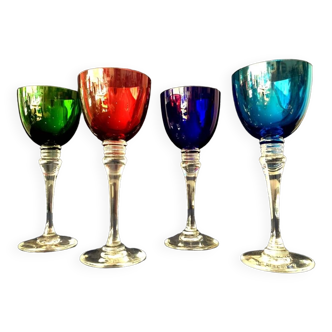 Set of 4 colored dropping or liqueur glasses in st-louis crystal grand lieu model