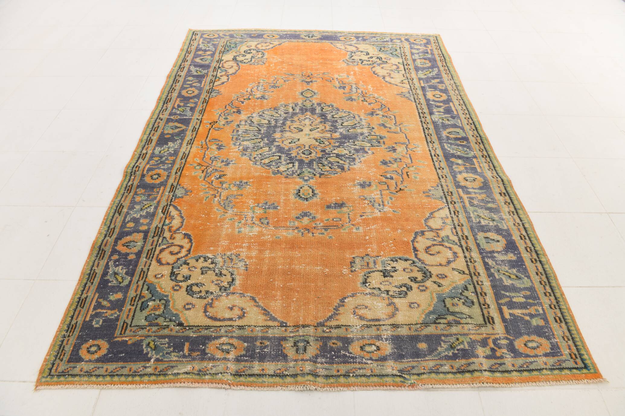 6x9 Pumpkin Orange Turkish Vintage Rug, 187x271 Cm