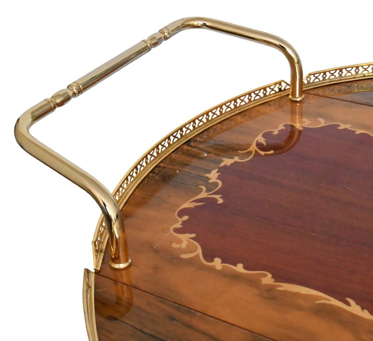 Serving table and rolling bar with drop leaves featuring floral marquetry decoration.