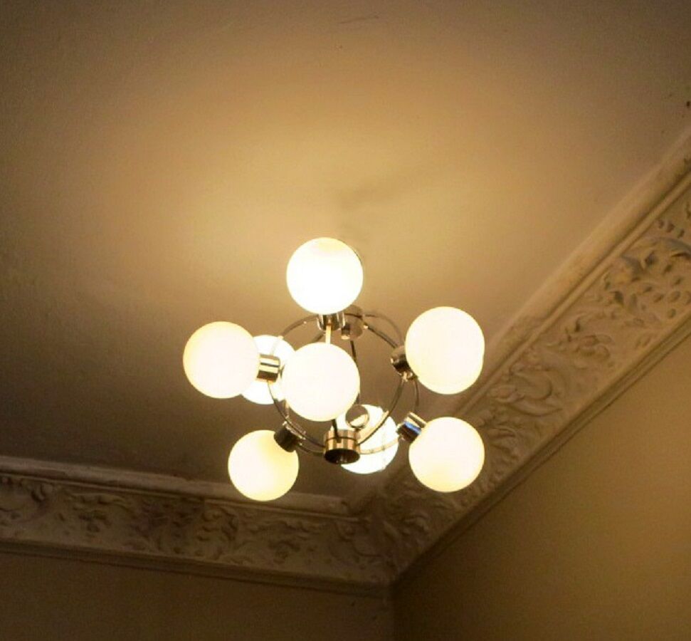 Mid century chandelier with 9 radiating milk glass globes 1970s