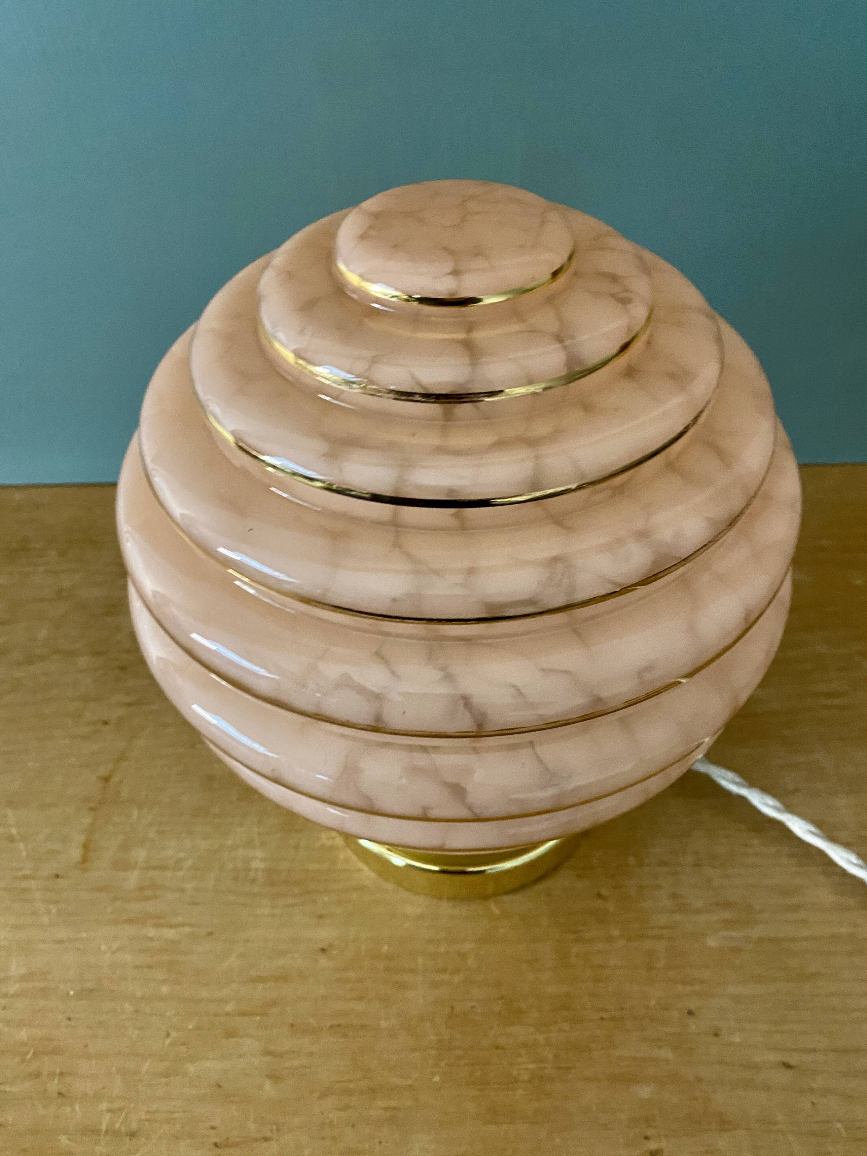 Vintage art deco globe table lamp in pink and gold Clichy glass