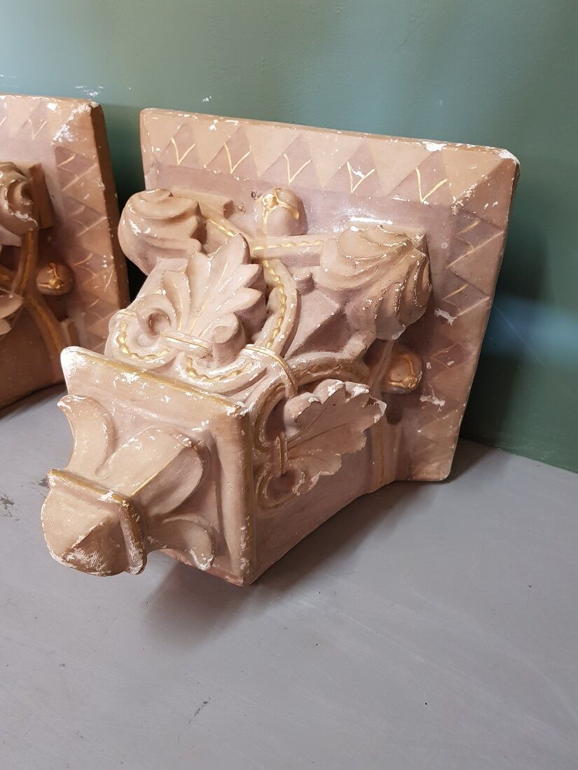 Early 20th Century French Plaster Wall Consoles In A Church Architectural Style