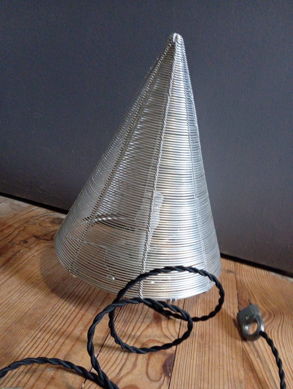 Conical stainless steel wire table lamp, vintage 80's