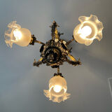 Ancien lustre cage en bronze et 4 feux tulipe