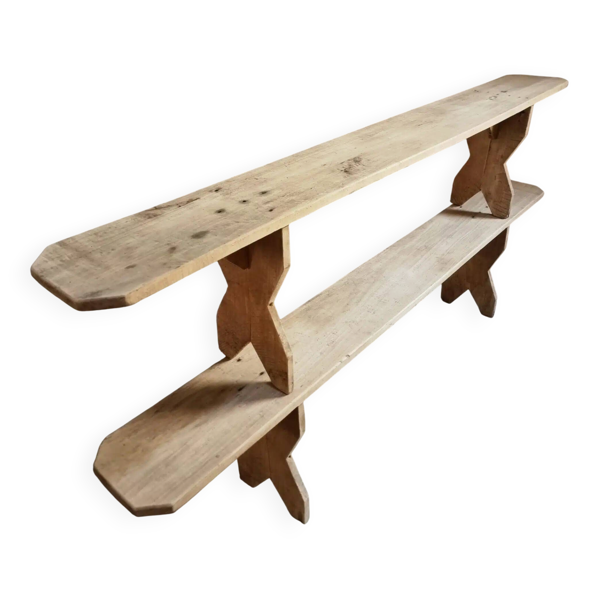 Set of 2 antique French poplar benches, consoles or shelves, circa 1900.