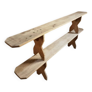 Ensemble de 2 bancs anciens français en peuplier, consoles ou étagères, vers 1900