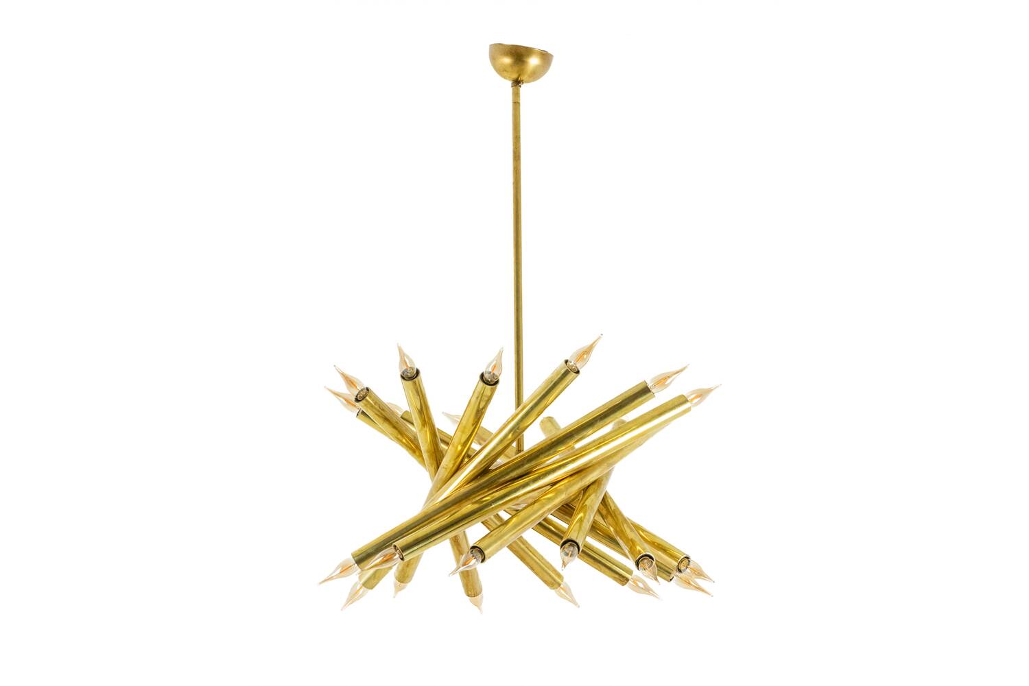 Pair of 24-light patinated brass chandeliers. 1980s.