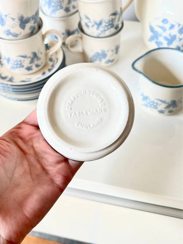 Vintage Staffordshire coffee set – blue grape decor – 1970s