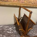 Wicker and brown wood magazine rack