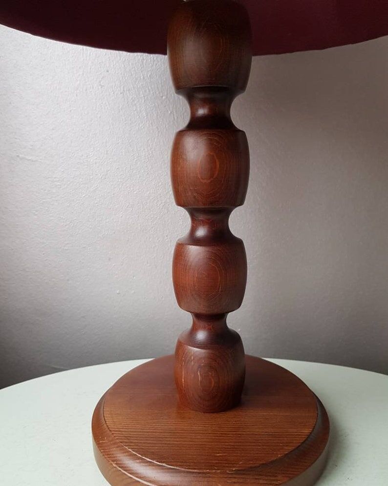 Vintage wooden table lamp with pleated fabric lampshade 1970