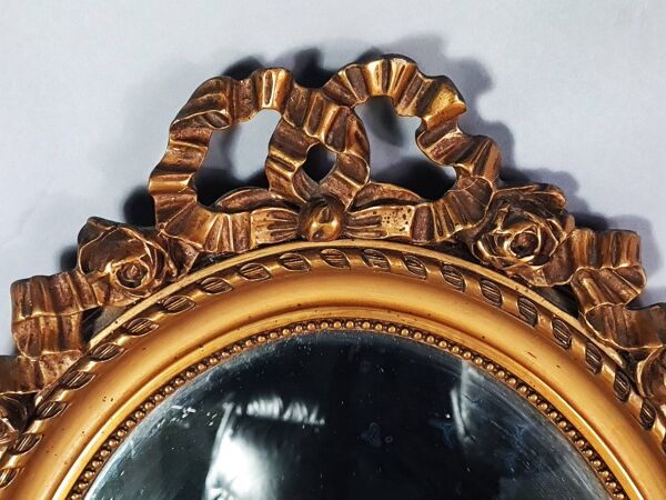 Miroir ovale cadre ancien style Louis XVI bois stuc doré d'origine 52x37 cm