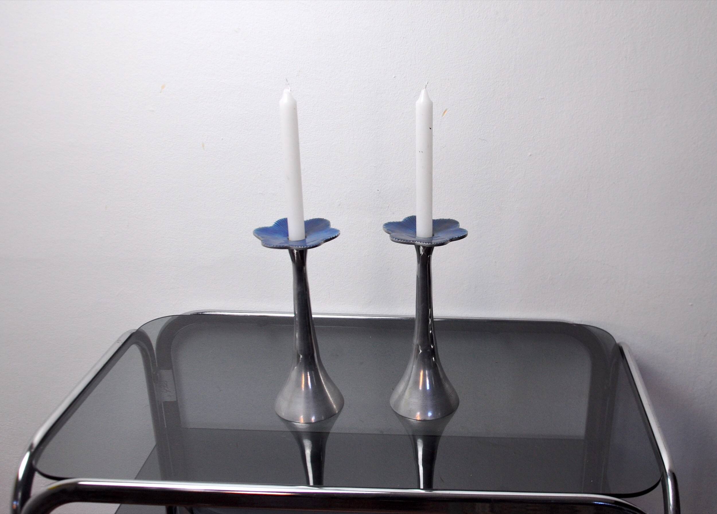 Pair of floral candlesticks by art3, aluminum and blue enameled ceramic, spain, 1980