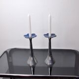 Pair of floral candlesticks by art3, aluminum and blue enameled ceramic, spain, 1980