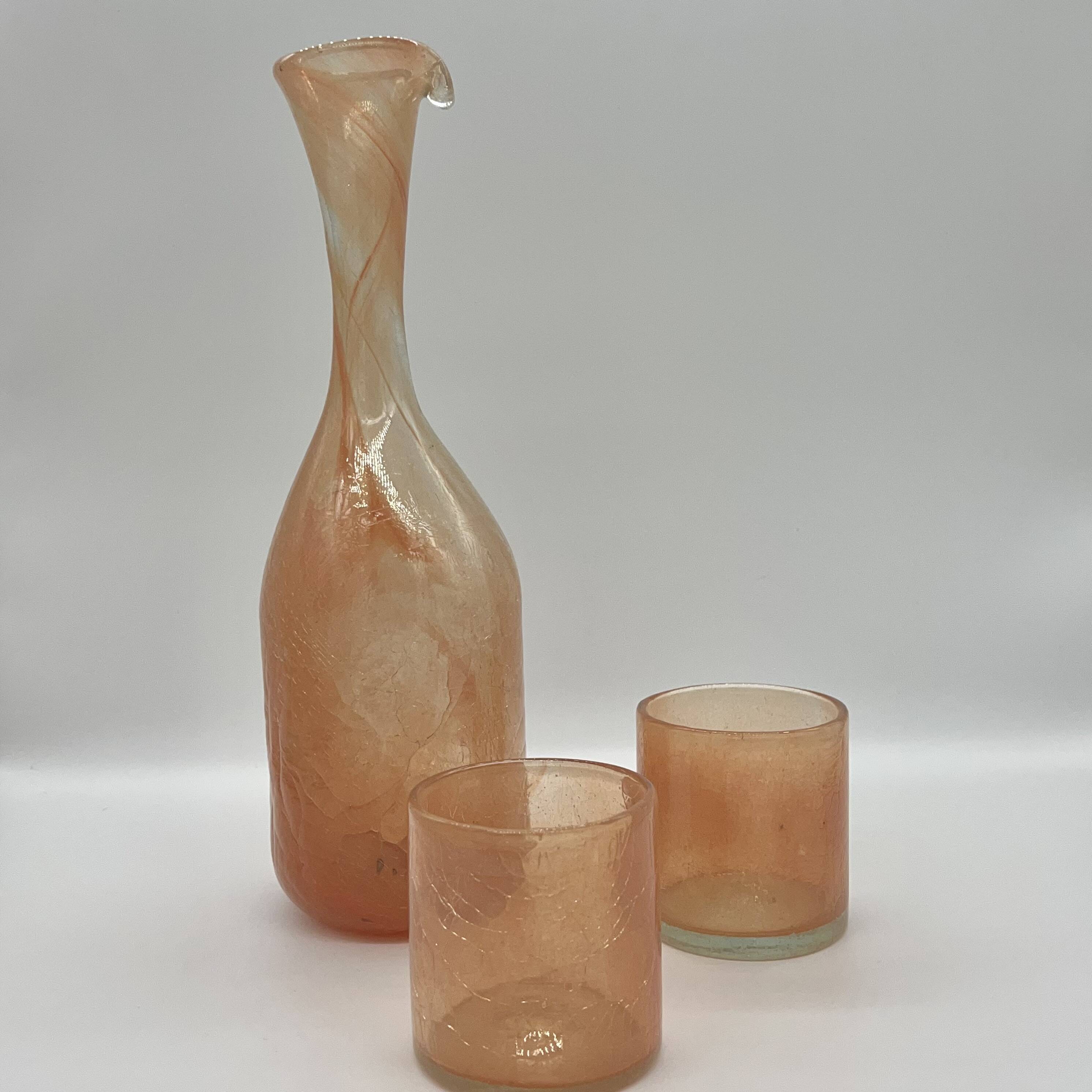 Cracked glass carafe and two glasses - Tunisian crafts