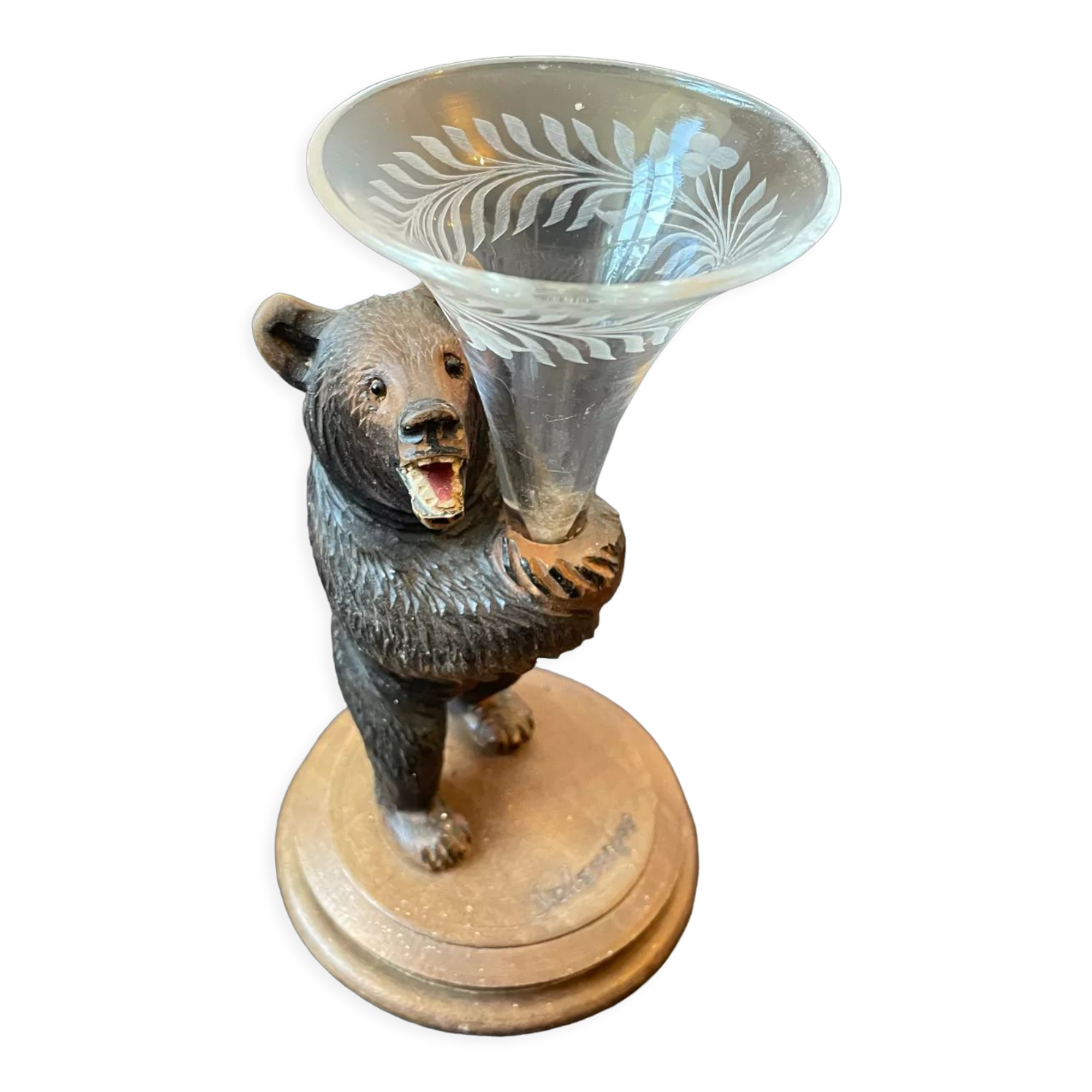 Carved wooden bear vase with black forest crystal soliflore Sallanches 19th century