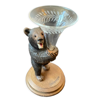 Carved wooden bear vase black drill crystal soliflore Sallanches 19th century