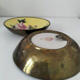 Pair of vintage Chinese decorative plates with floral decoration on a yellow background