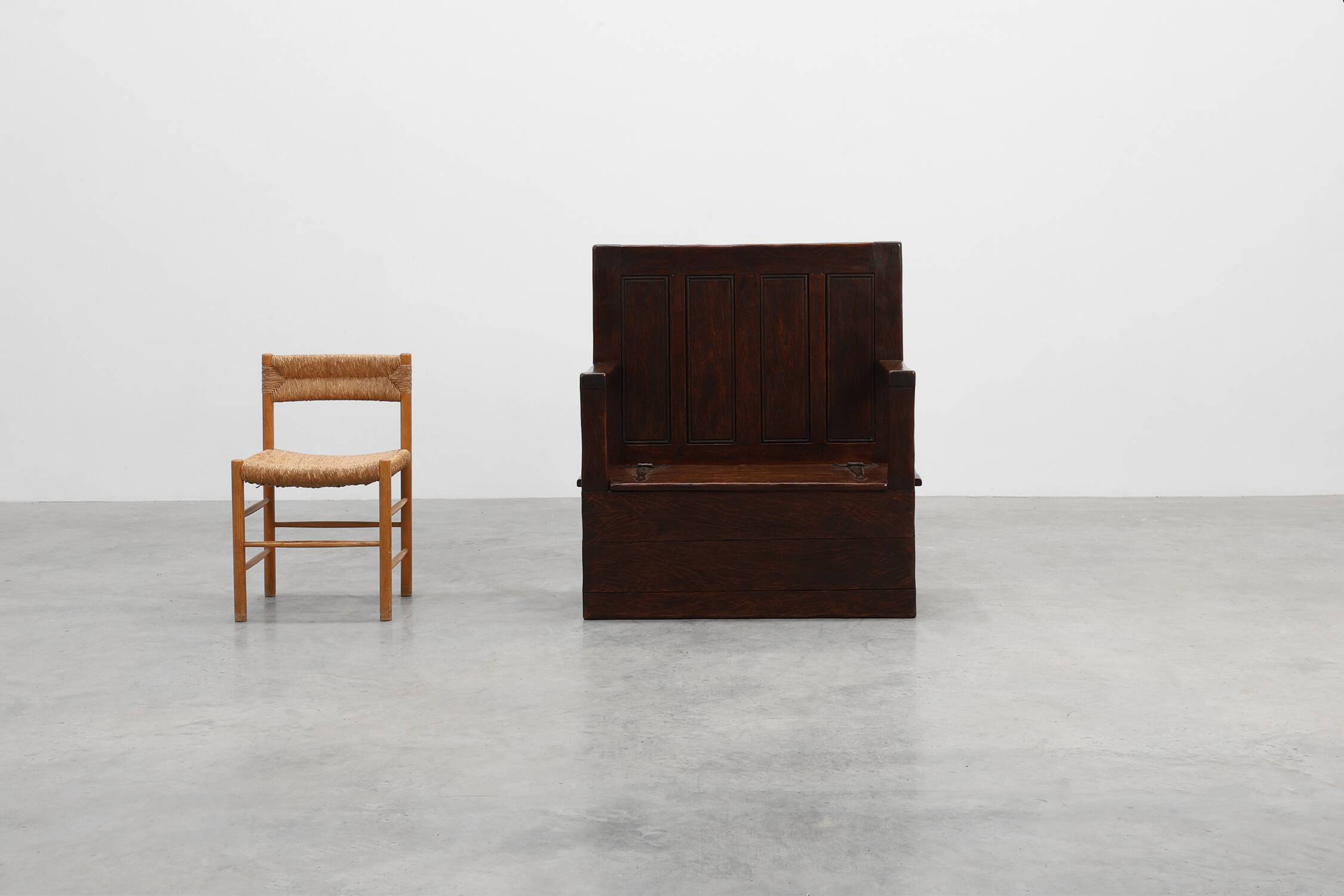 Rustic solid oak carved bench with storage compartment, France 19th century