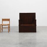 Rustic solid oak carved bench with storage compartment, France 19th century