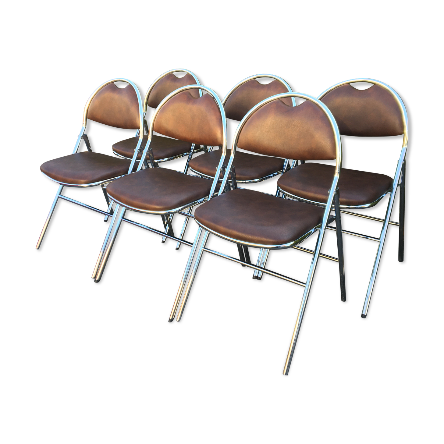 Set de 6 chaises pliantes acier et similicuir 70’s