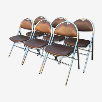 Set of 6 steel folding chairs and 70's faux leather
