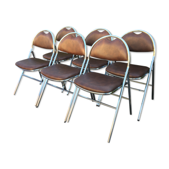 Set of 6 steel folding chairs and 70's faux leather