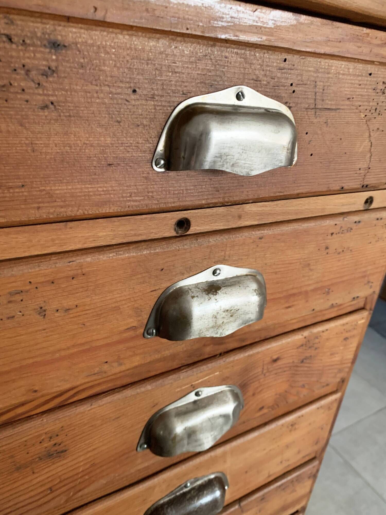 Old apothecary trade furniture in vintage wood 24 drawers.