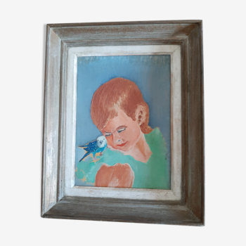 Painting painting oil canvas frame montparnasse little girl to the bird