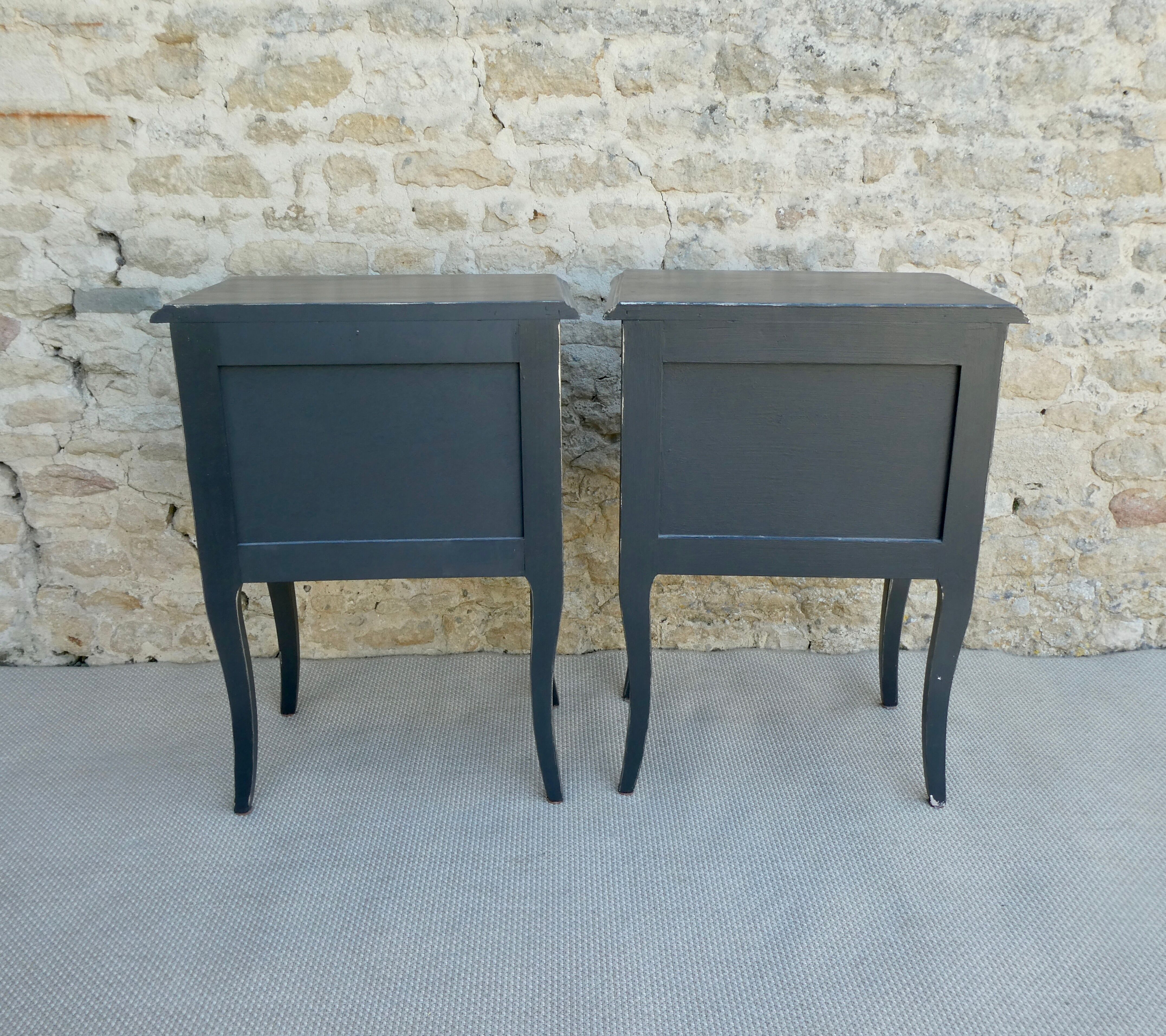 Pair of wooden bedside tables, gray patina