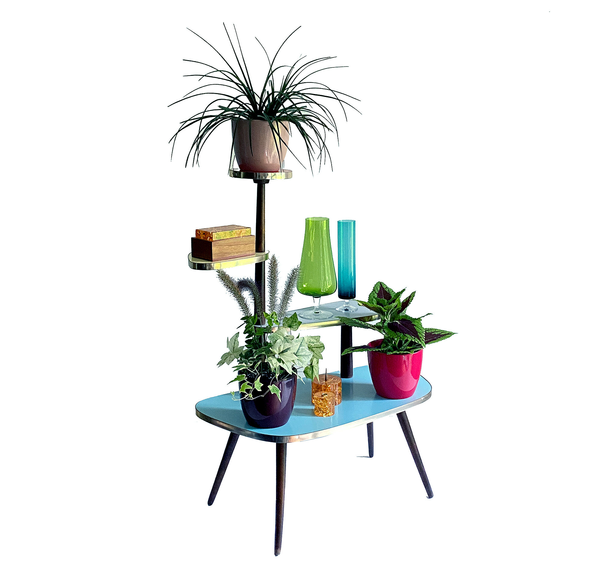 Table Desserte ètagère door vintage plant, 50s, blue gray Yellow Red