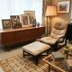 Vintage camel leather lounge chair with ottoman – wooden frame – 1970s