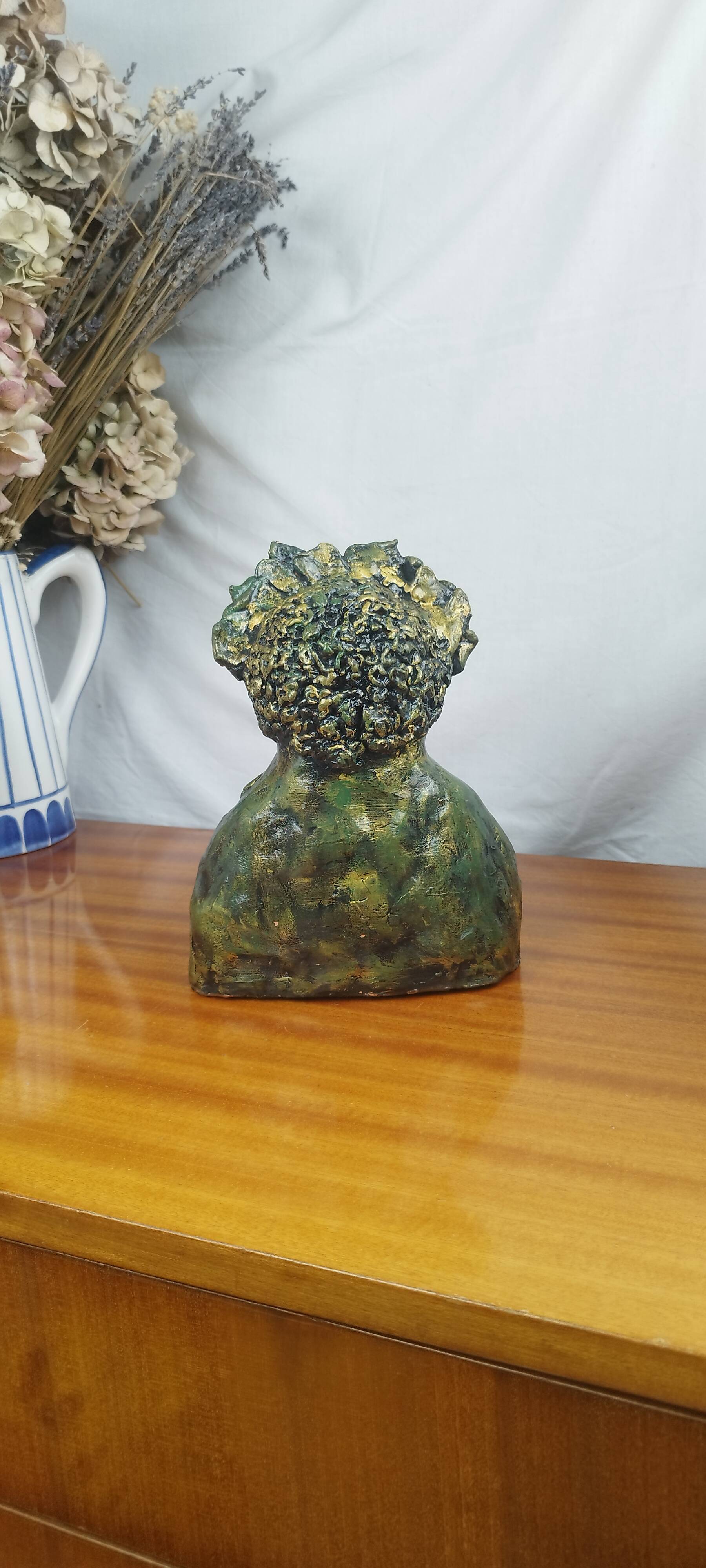 Clay sculpture of mother nature holding eggs, vintage modern figurative art