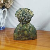 Clay sculpture of mother nature holding eggs, vintage modern figurative art