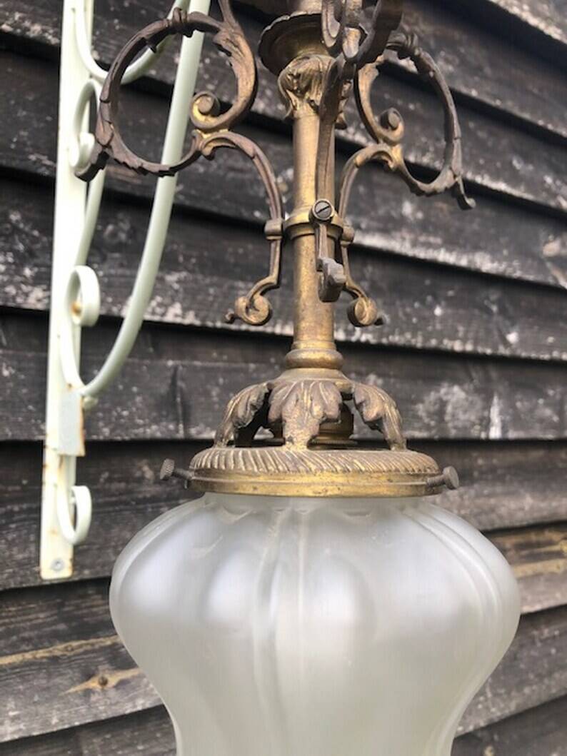Antique French Napoleon III Brass & Bronze Opaline Glass Ceiling Light