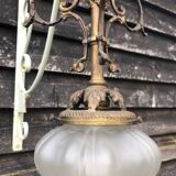 Antique French Napoleon III Brass & Bronze Opaline Glass Ceiling Light