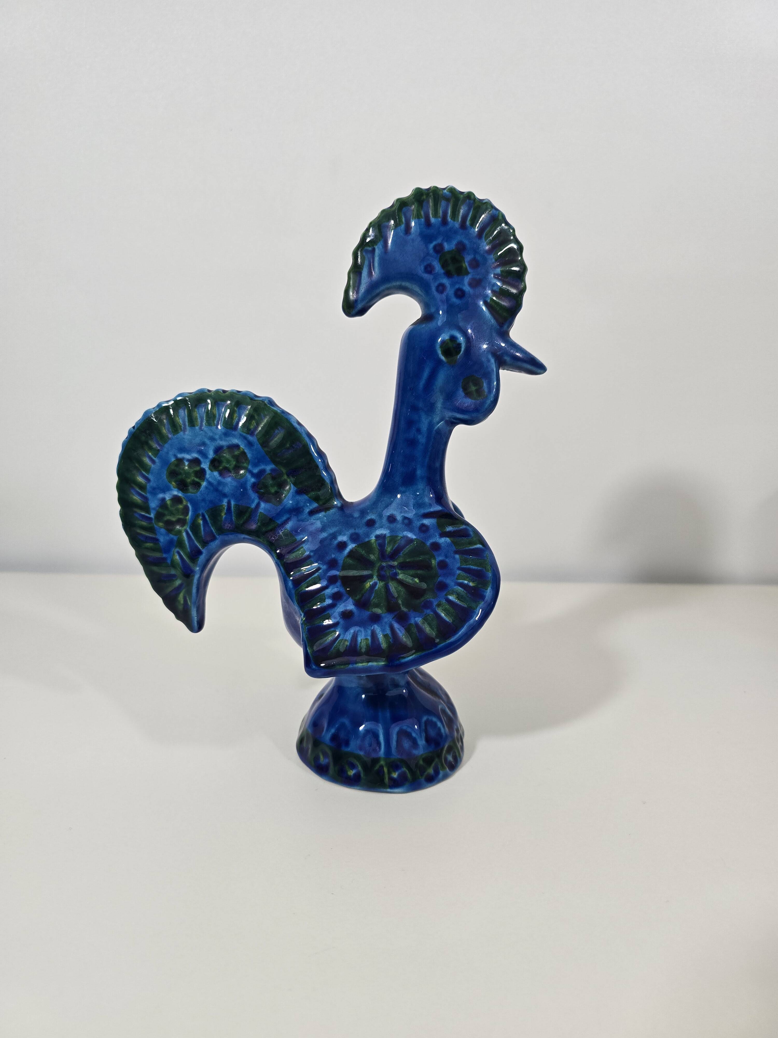 blue glazed ceramic rooster by Aldo Londi for Bitossi