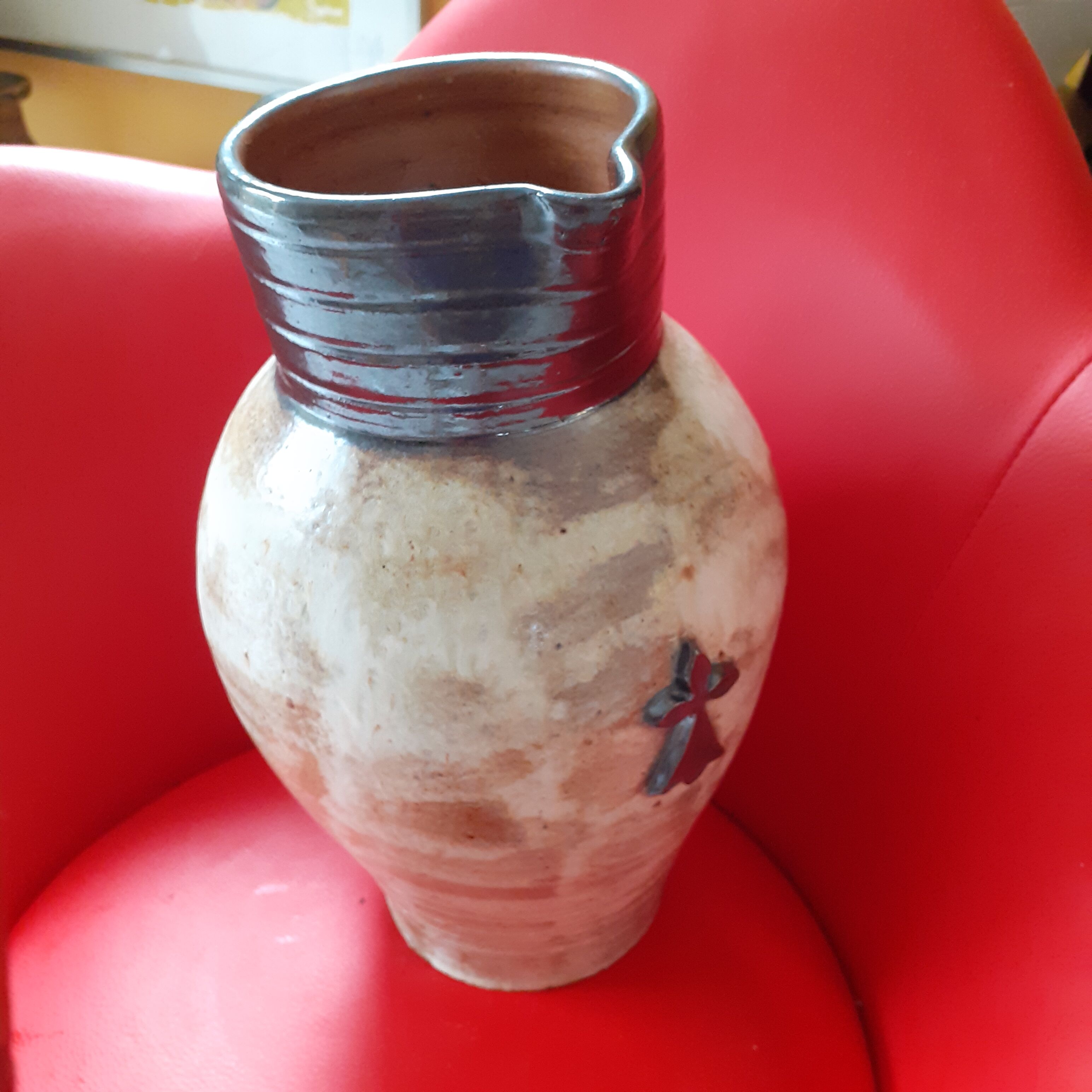 Large sandstone pitcher, Hermine décor Signed A.R.M.