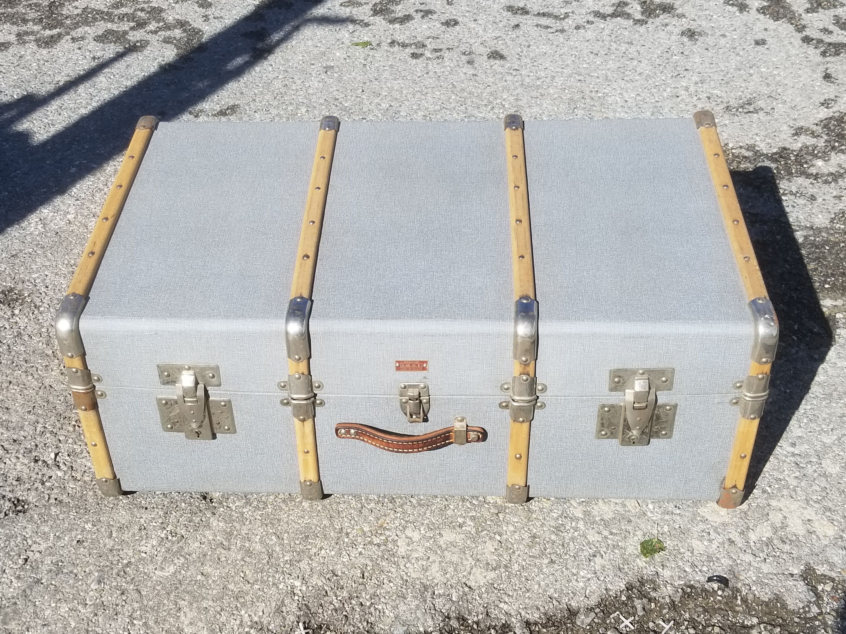 Vintage wooden travel trunk stamped bagage j.m.g.é.