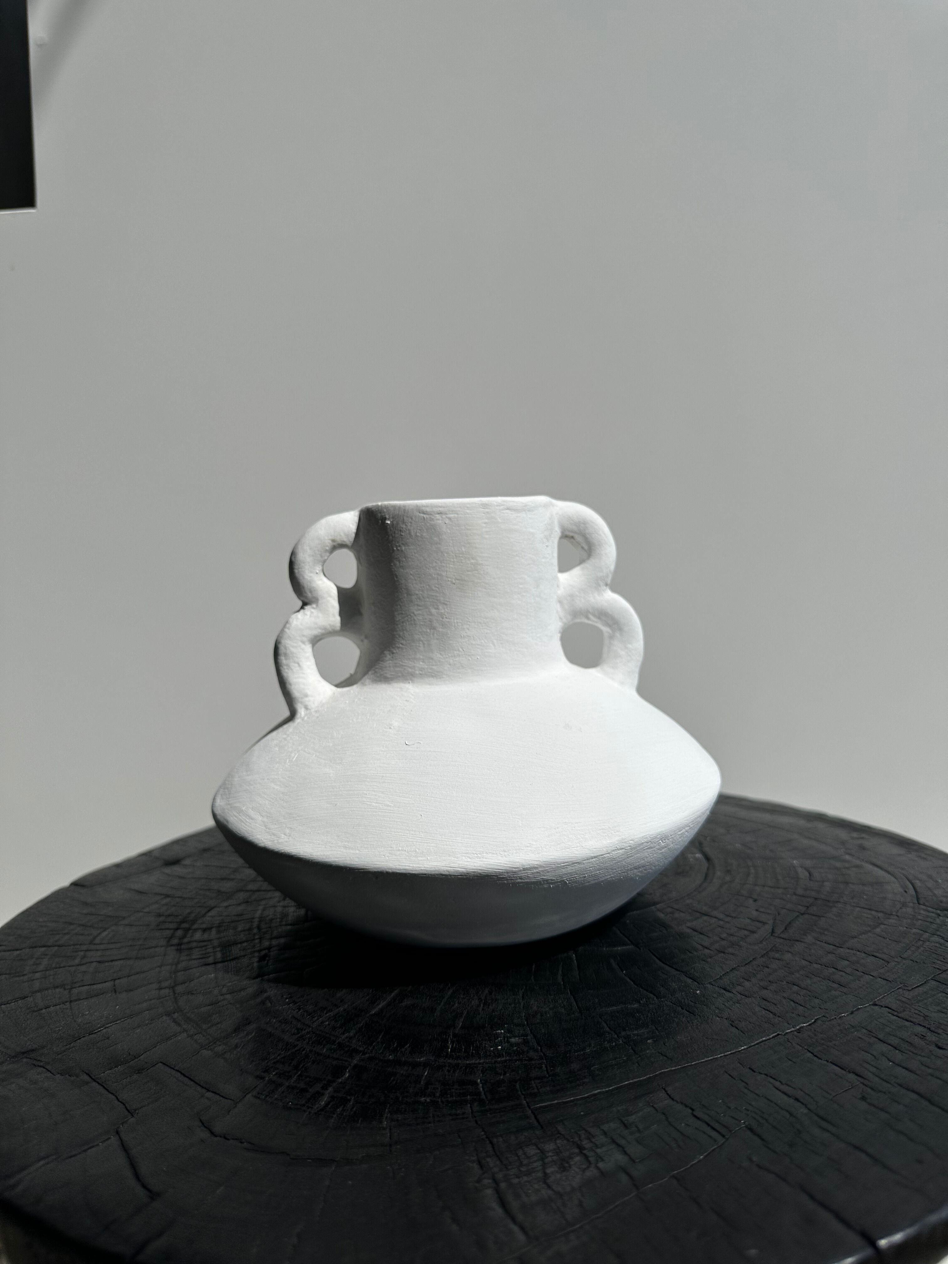 Handmade terracotta vase painted white with double handles H:16 D:20