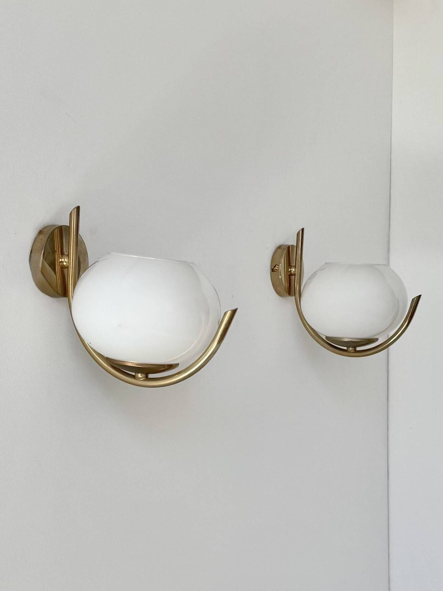 Pair of vintage wall sconces, brass and opaline, France, 1970.