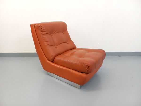 Fauteuil chauffeuse style Roche Bobois vintage en chrome et cuir tuile