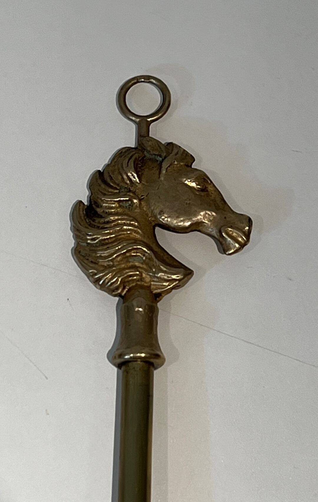 Neoclassical Brass Fire Tool Set with Horse Head Handles, in the