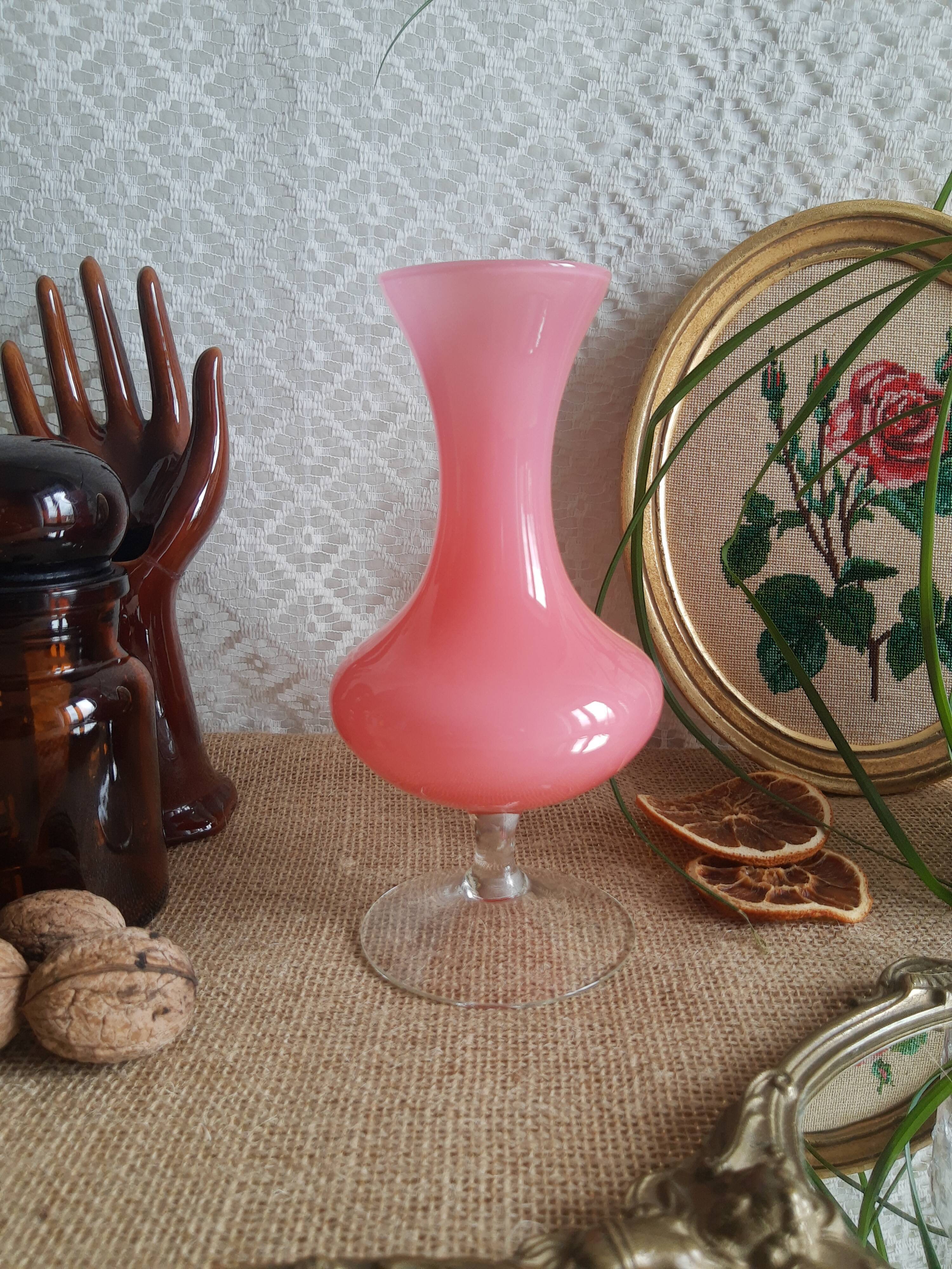 Pink opaline soliflore vase and vintage transparent foot