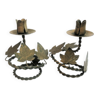 Pair of handcrafted wrought iron candlesticks vintage foliage